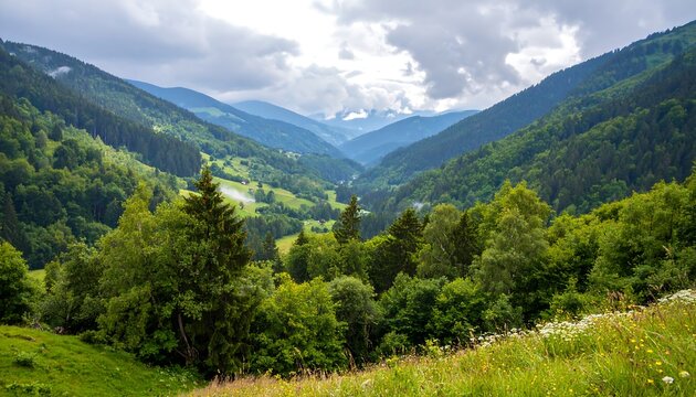 Lush valley nestled between forested mountains under a cloudy sky
