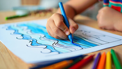 Close-up of a Child&rsquo;s Hand Drawing Blue Ocean Waves with Markers on Paper