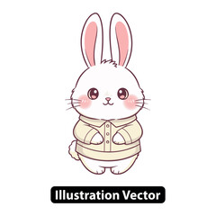 Cute Kawaii White Bunny Rabbit Character Wearing a Beige Shirt with Pink Cheeks and Big Ears