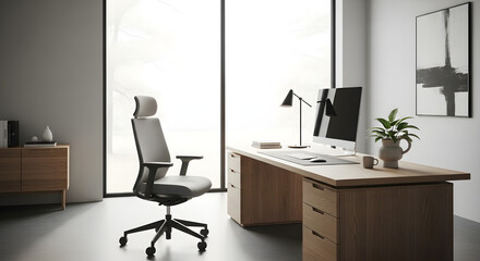 Fototapeta premium Office interior with ergonomic chair and wooden desk near window.