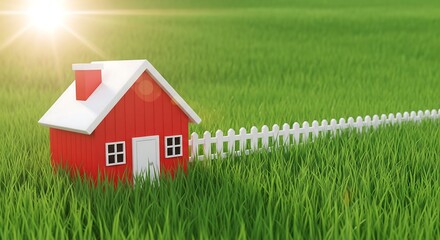 Miniature red house with white fence and chimney sits in a lush green field under bright sunlight.