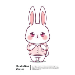 Adorable white cartoon rabbit character wearing a pink top, standing, isolated on white background