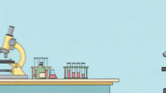 Simple flat design of a laboratory desk with microscope and test tubes bright pale light clear minimalist aesthetic