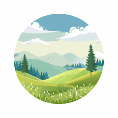 Obraz premium abstract spring landscape with green hills and fog, vector illustration