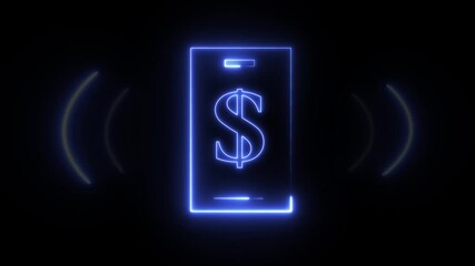 A glowing blue neon smartphone with a dollar sign on the screen, surrounded by wifi signals, against a black background, creating a digital money concept - Powered by Adobe
