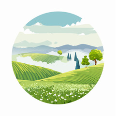 Obraz premium abstract spring landscape with green hills and fog, vector illustration