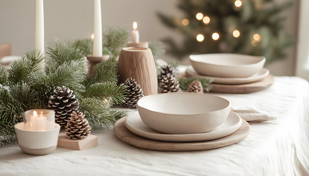 Christmas table decor in neutral tones, natural linen tablecloth, white ceramic plates, wooden candle holders, greenery and pinecones centerpiece, elegant eco-friendly styling Scandinavian winter