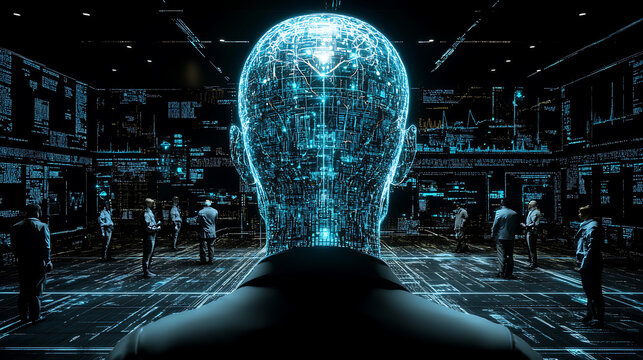 Digital human head projection in a high-tech control room with people observing data displays