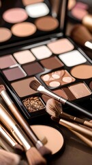 Makeup palettes and brushes, close-up view