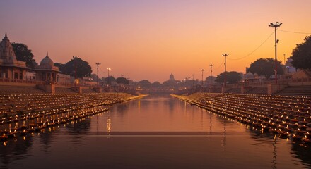 Ayodhya Deepotsav banner background, lamps on riverbanks on radiant gradient