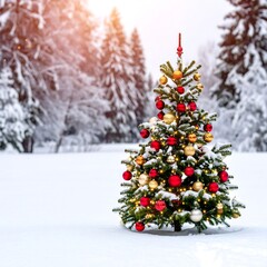 Snowy Christmas tree in a winter forest