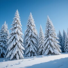 Snow covered pine trees under clear blue sky, peaceful winter landscape, high quality stock photo