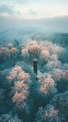 Fairy tale tower in a winter forest