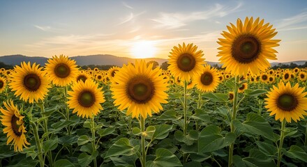 Obraz premium Bright Yellow Sunflower Field Blooming at Sunset with Clear Blue Sky and Rolling Hills