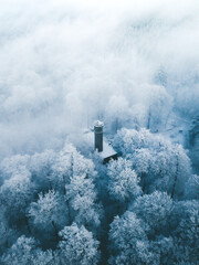 Fairy tale tower in a winter forest
