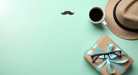Fathers day concept with gift, coffee, hat, glasses isolated on white background