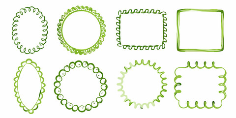 Collection of eight decorative green hand drawn frames and borders in various shapes and styles