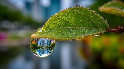 A Macro Close-Up Of A Single Water Droplet Resting On A Green Leaf, With The Reflection Of A Modern City Skyline Visible Inside The Droplet. The Camera Uses Extreme Close-Up Macro Focus On The Dropl