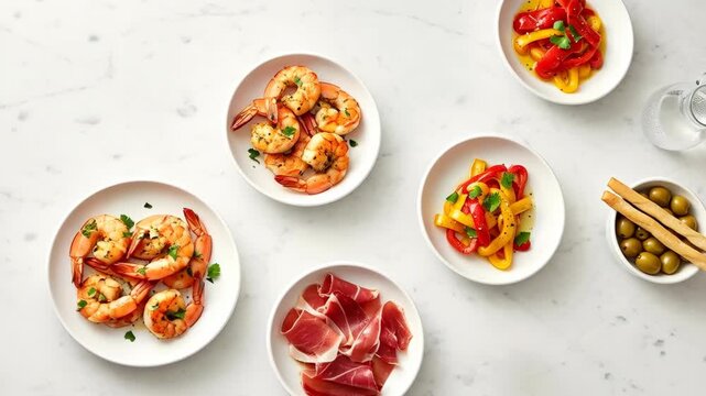 Culinary delight: shrimp and prosciutto spread with olives and peppers on marble surface.