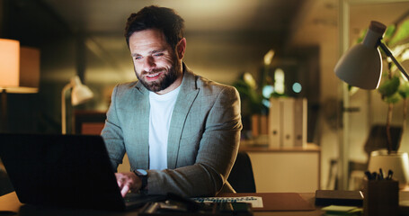 Laptop, research and typing with business man in office for night, account manager and reading....