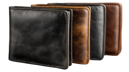 Four leather wallets in various shades of brown and black, displayed side-by-side