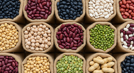 Fototapeta premium Top-Down Grid of Assorted Dry Legumes in Burlap Sacks – Rustic Market Style Food Photography