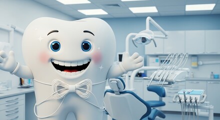 Smiling Friendly White Tooth Character with Blue Eyes in Modern Dental Clinic