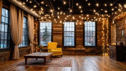 Warm, rustic loft space with string lights and large windows