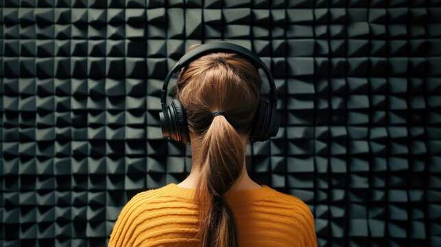 Person wearing headphones in soundproof studio