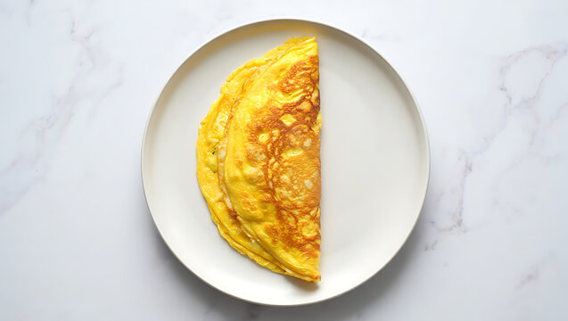 Overhead View of a Golden French Omelette Folded on a White Plate
