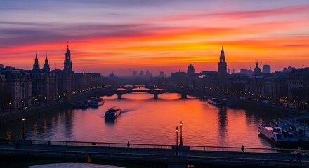 Fototapeta premium Spectacular cityscape view bathed in vibrant sunset's radiant glow