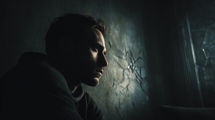 Solitude in the Shadows: A contemplative individual immersed in deep introspection and brooding, silhouetted against the backdrop of a somber, dimly lit scene, evoking feelings of melancholy.
