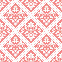 Soft Coral and White Damask Diamond Seamless Pattern: An elegant and modern vector design, perfect for home decor, feminine branding, and wedding invitations.