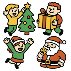 Children, Christmas tree, present, Santa Claus, and holiday joy in cartoon style illustration