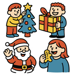 Children decorating Christmas tree, holding gift, Santa Claus waving, girl eating gingerbread