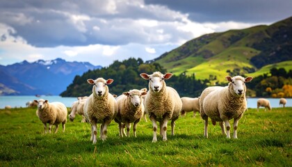 Fototapeta premium Sheep grazing by a lake