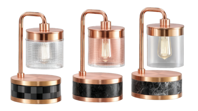 Three copper-toned table lamps with glass shades and decorative bases