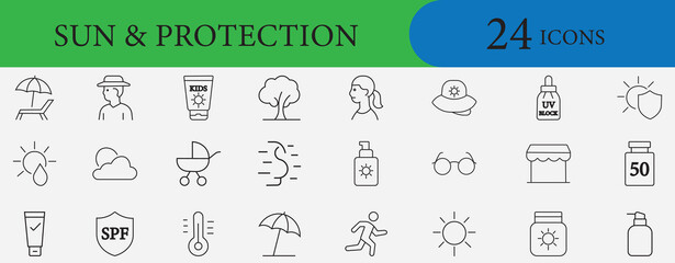 Sun Protection Line Icon Set. Containing sunscreen, sunglasses, beach umbrella, SPF, and UV rays symbols. Editable vector icon for skincare apps and summer travel marketing.