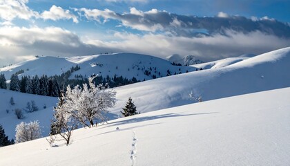 Fototapeta premium winter landscape with trees in the foreground and hills covered by snow