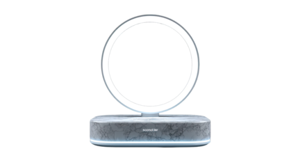 Circular illuminated vanity mirror on a marble base