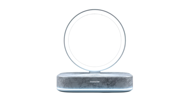 Circular illuminated vanity mirror on a marble base