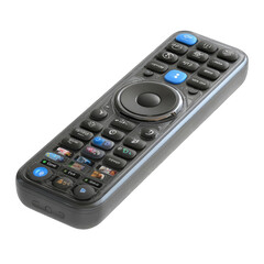 Gray rectangular TV remote with blue accents.  Features a central dial and numerous buttons