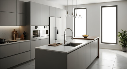 A modern, minimalist kitchen with sleek grey cabinetry, a large island with a sink, and stainless steel appliances, illuminated by natural light from tall windows.