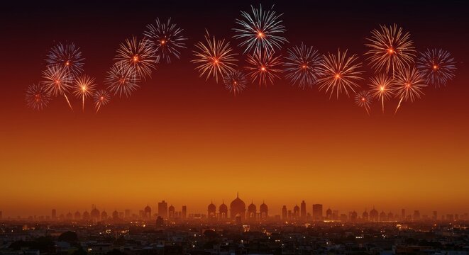 Diwali Fireworks Night banner background, skyline with fireworks on festive gradient