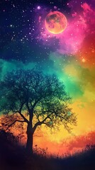 A solitary tree silhouetted against a vibrant, colorful, starry night sky with a large, reddish moon