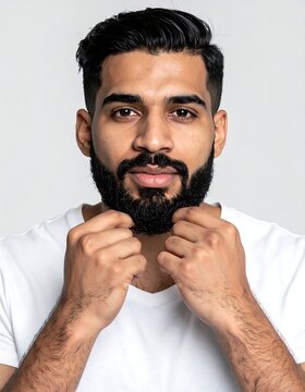 Man with beard touching his chin