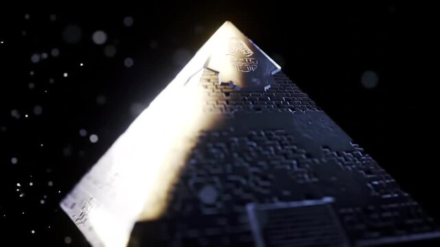 Futuristic sci-fi concept of a mysterious high-tech pyramid, an ancient alien artifact or AI core illuminated by a powerful beam of light in deep space
