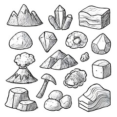 Hand-drawn geology doodle icons in black and white, showcasing scientific clipart symbols with simple, creative line art design.