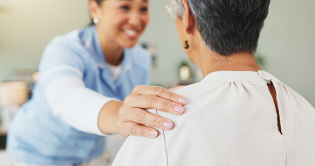 Hands, nurse and comfort old woman at house for support, assurance and good news of diagnosis....