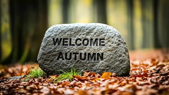 welcome autumn stone engraved text fallen leaves forest